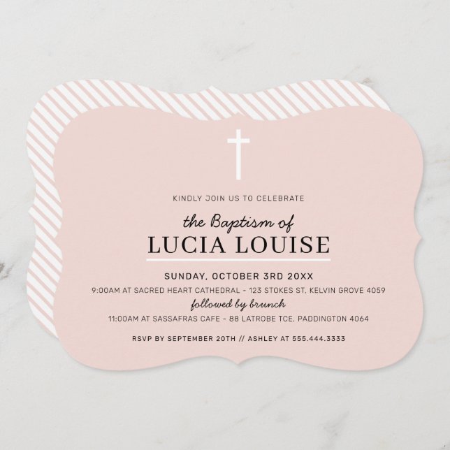 Invitación BAPTISMO MODERNO chica simple cruz rosa pálido mín (Anverso / Reverso)