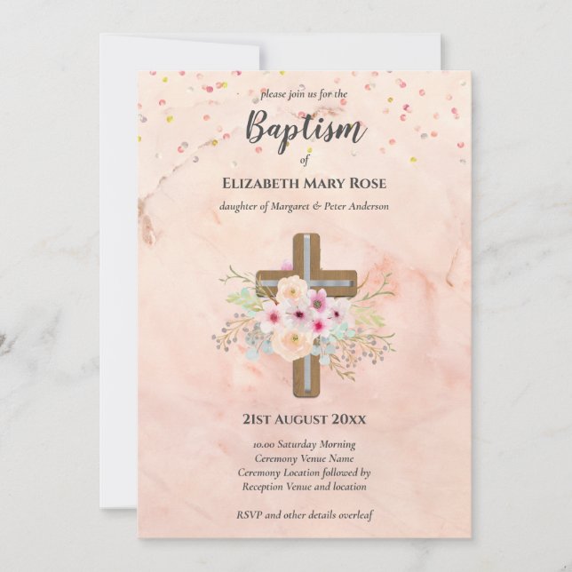 Invitación BAPTISMO moderno Christening Bautizo INVITE FLORAL (Anverso)