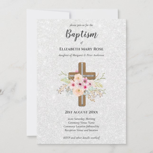 Invitación BAPTISMO moderno Christening Bautizo INVITE FLORAL (Anverso)