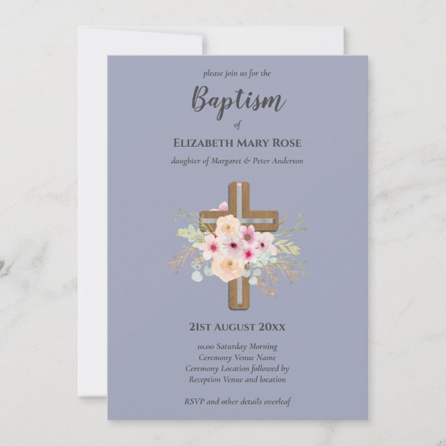 Invitación BAPTISMO moderno Christening Bautizo INVITE FLORAL (Anverso)