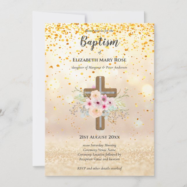 Invitación BAPTISMO moderno Christening Bautizo INVITE FLORAL (Anverso)