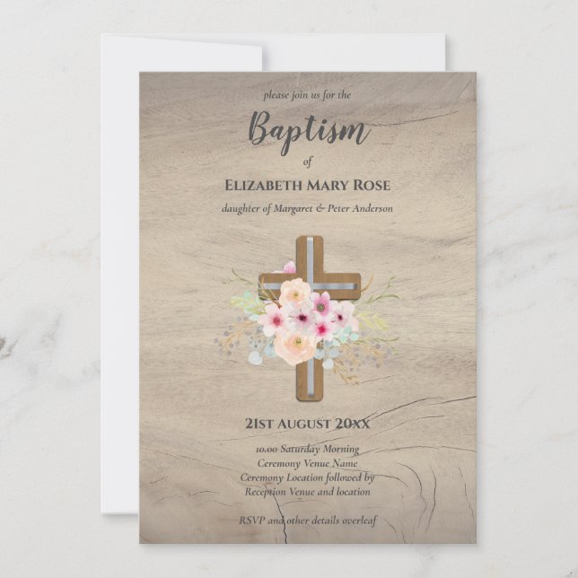 Invitación BAPTISMO moderno Christening Bautizo INVITE FLORAL (Anverso)