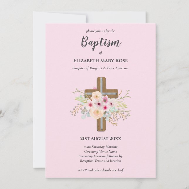 Invitación BAPTISMO moderno Christening Bautizo INVITE FLORAL (Anverso)