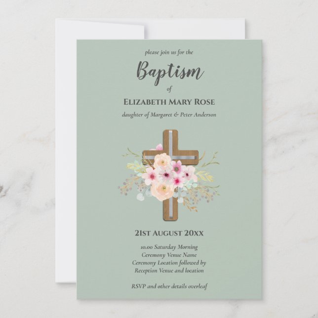 Invitación BAPTISMO moderno Christening Bautizo INVITE FLORAL (Anverso)