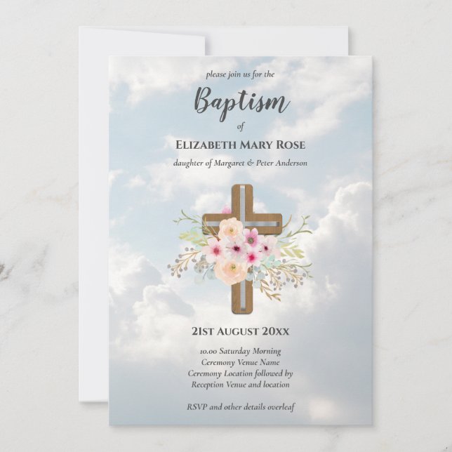 Invitación BAPTISMO moderno Christening Bautizo INVITE FLORAL (Anverso)