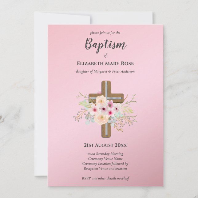 Invitación BAPTISMO moderno Christening Bautizo INVITE FLORAL (Anverso)