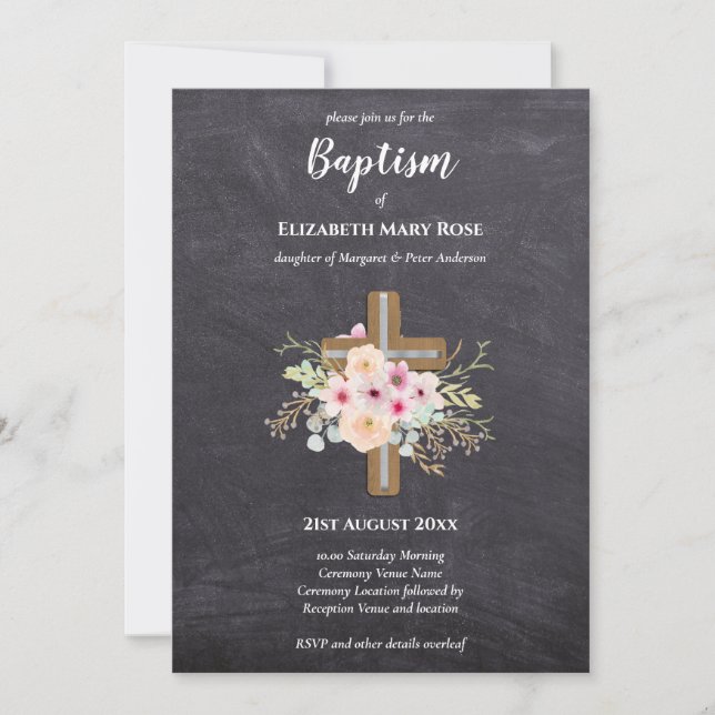 Invitación BAPTISMO moderno Christening Bautizo INVITE FLORAL (Anverso)