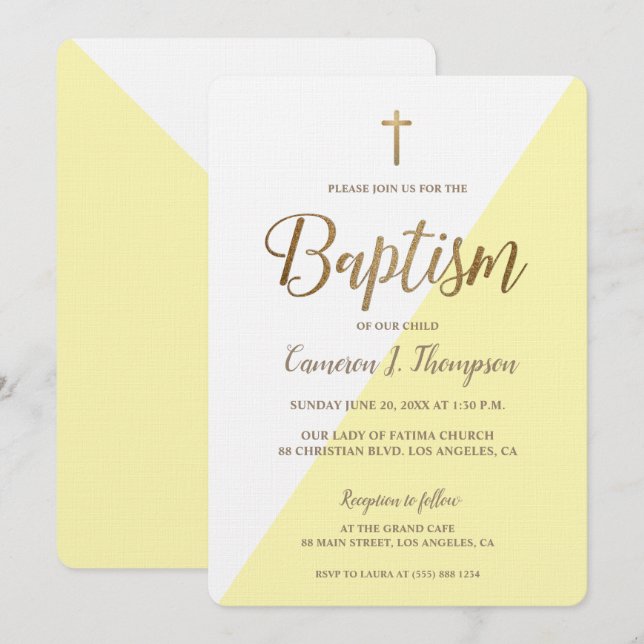 Invitación Baptismo moderno de oro blanco amarillo (Anverso / Reverso)