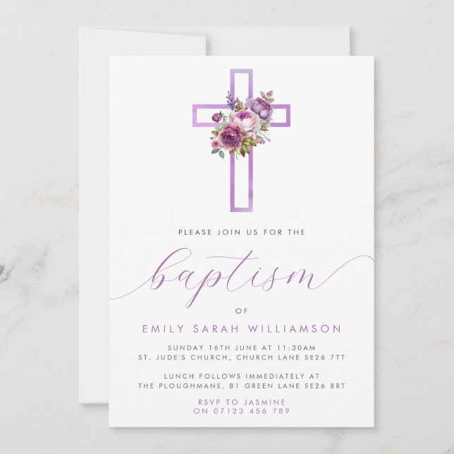 Invitación Baptismo morado de la cruz floral (Anverso)