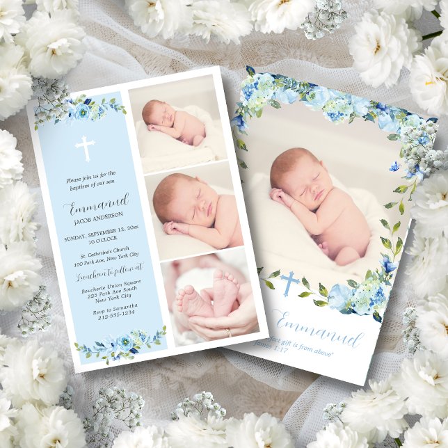 Invitación Baptismo multifoto floral azul para niños (Blue floral baptism invitation for baby boys with a simple Christian cross and a modern script font.)