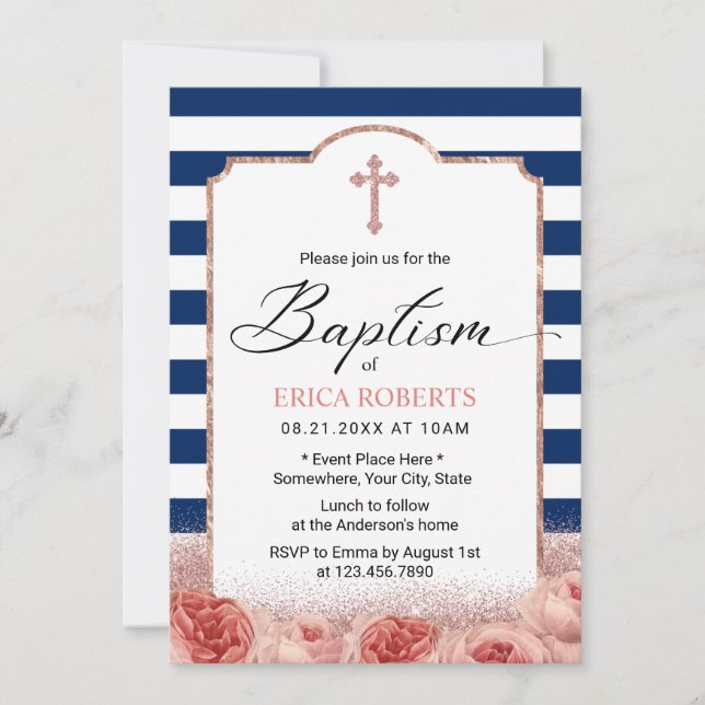 Invitación Baptismo Náutica Bandas de la Marina Rosa Floral d (Anverso)