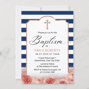 Invitación Baptismo Náutica Bandas de la Marina Rosa Floral d