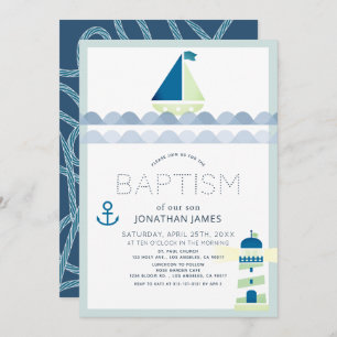 Invitación Baptismo Náutico y Faro Blue Boy