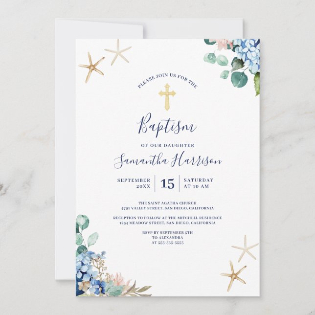 Invitación Baptismo neutro de género floral acuático (Anverso)
