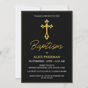Invitación Baptismo neutro en el guión negro y oro de lujo