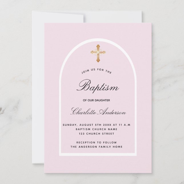 Invitación Baptismo niña rosa arco elegante (Anverso)