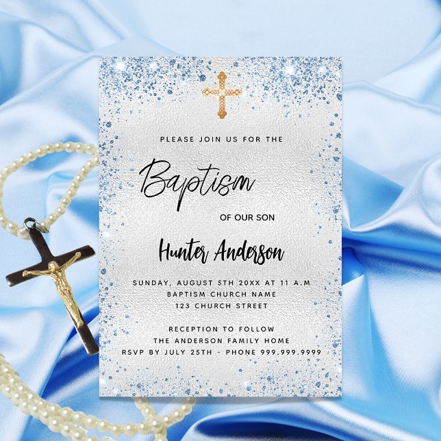 Invitación Baptismo niño azul plata cruz oro destellan guion (Subido por el creador)