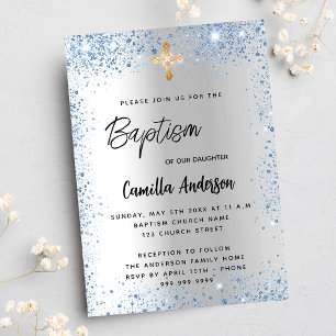 Invitación Baptismo niño azul plata purpurina cruz lujo