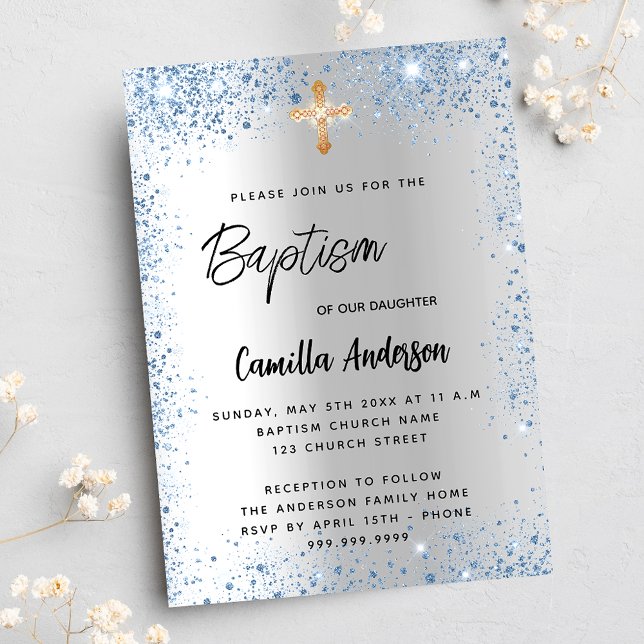 Invitación Baptismo niño azul plata purpurina cruz lujo (Subido por el creador)