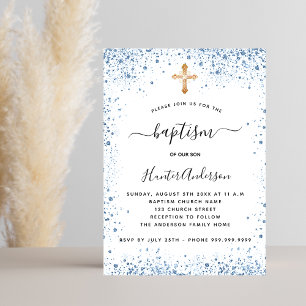 Invitación Baptismo niño blanco azul brillante cruz de oro