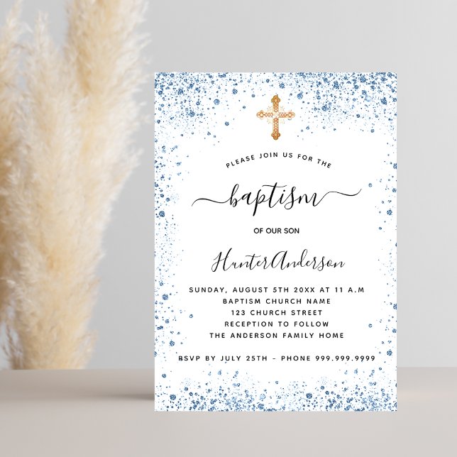 Invitación Baptismo niño blanco azul brillante cruz de oro (Subido por el creador)