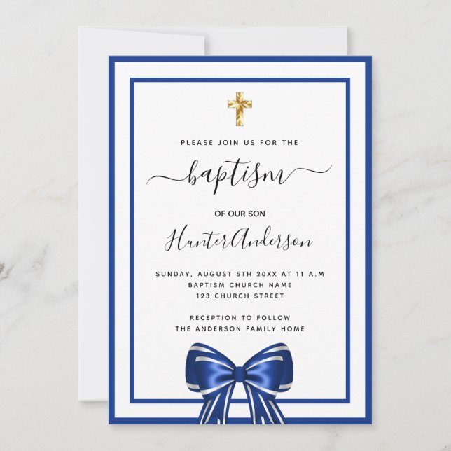 Invitación Baptismo niño guión de la proa azul real (Anverso)