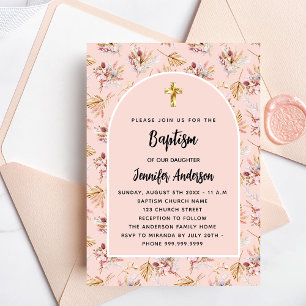 Invitación Baptismo pampas flores rosa oro rosa lujo