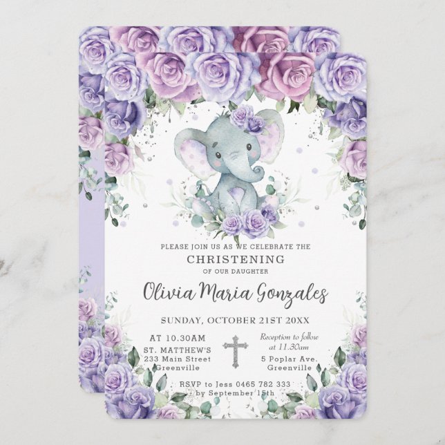 Invitación Baptismo para la cristiandad de elefante floral mo (Anverso / Reverso)