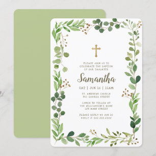 Invitación Baptismo Para Su Cruz De Foliage De Acuarela