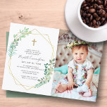 Invitación Baptismo Para Su Cruz De Foliage Geométrica<br><div class="desc">El diseño está compuesto por sans serif y una juguetona tipografía cursiva sobre un fondo blanco lleno de marcos geométricos de oro falso y botánicos de hojas de vegetación verde. Una sencilla cruz de oro falso adorna el medio. Añadir una foto personalizado. Disponible aquí: http://www.zazzle.com/store/selectpartysupplies</div>