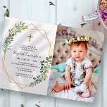 Invitación Baptismo Para Su Cruz De Foliage Geométrica<br><div class="desc">El diseño está compuesto por sans serif y una juguetona tipografía cursiva sobre un fondo blanco lleno de marcos geométricos de oro falso y botánicos de hojas de vegetación verde. Una sencilla cruz de oro falso adorna el medio. Añadir una foto personalizado. Disponible aquí: http://www.zazzle.com/store/selectpartysupplies</div>
