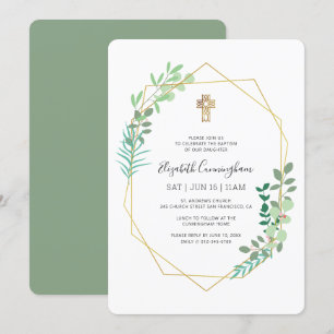 Invitación Baptismo Para Su Cruz De Oro De Foliage Geométrica