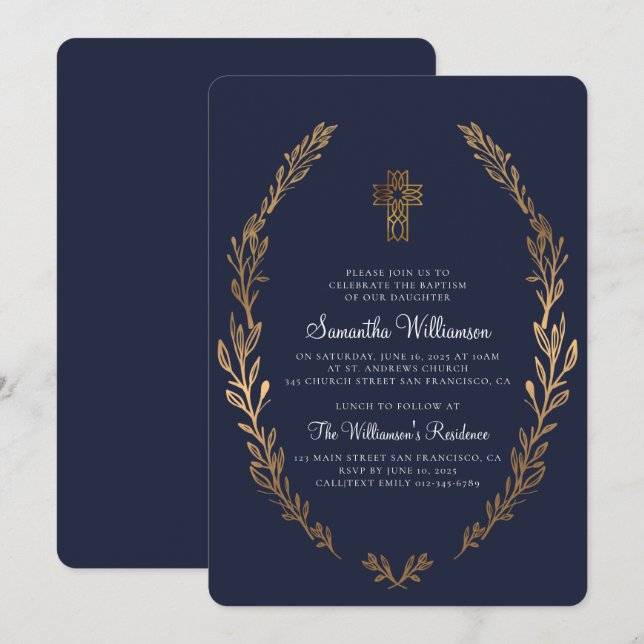 Invitación Baptismo Para Su Foliage De Oro Faux Blue (Anverso / Reverso)