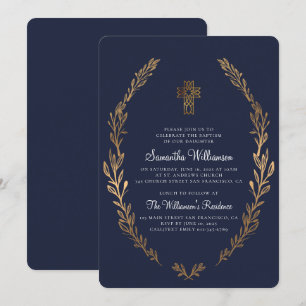 Invitación Baptismo Para Su Foliage De Oro Faux Blue