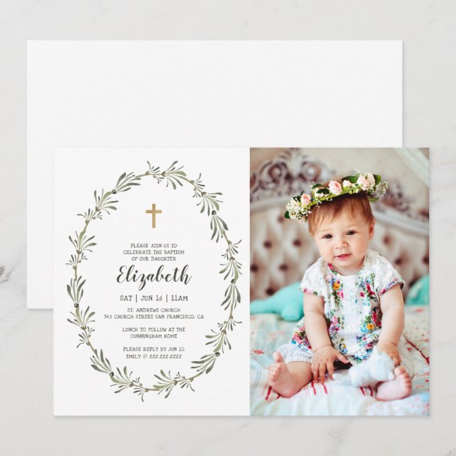 Invitación Baptismo Para Su Foliage Verde De Acuarela (Anverso / Reverso)