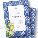 Invitación Baptismo Para Sus Azulejos Mediterráneos De Foliag<br><div class="desc">Compuesto por tipografía de guion serif y cursiva. Todo ello con un fondo de azulejos azules y blancos de España mediterránea con hojas de vegetación,  limones y florales botánicas silvestres. Esto es diseñado por Select Fiesta Supplied Supplied,  exclusivo para Zazzle. Disponible aquí: http://www.zazzle.com/store/selectpartysupplies</div>