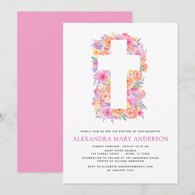 Invitación Baptismo Pastel Floral Cruz Rosa Rosa (Anverso / Reverso)