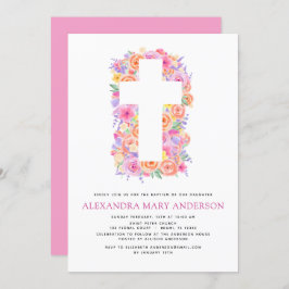 Invitación Baptismo Pastel Floral Cruz Rosa Rosa