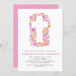 Invitación Baptismo Pastel Floral Cruz Rosa Rosa