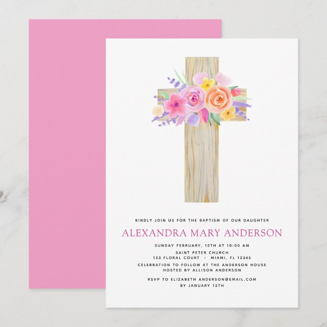 Invitación Baptismo Pastel Floral Cruz Rosa Rosa (Anverso / Reverso)