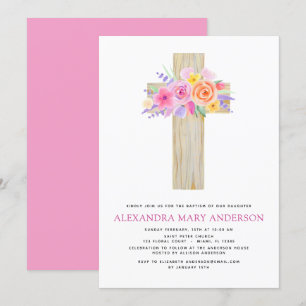 Invitación Baptismo Pastel Floral Cruz Rosa Rosa