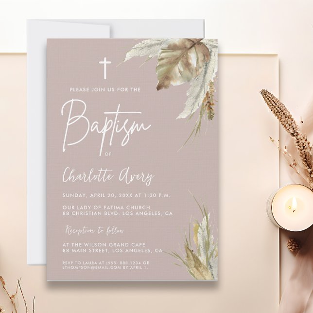 Invitación Baptismo Personalizado rosa de Boho Pampas en Rubo (Pampas grass watercolor boho chic Baptism Invitation in blush pink.)