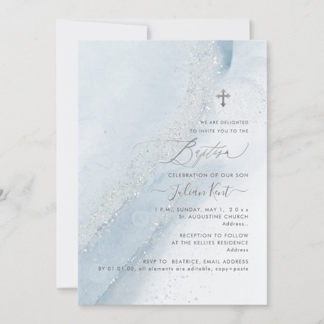Invitación Baptismo PixDezines Alcohol+Tinta Dusty Blue Silve (Anverso)
