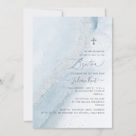 Invitación Baptismo PixDezines Alcohol+Tinta Dusty Blue Silve