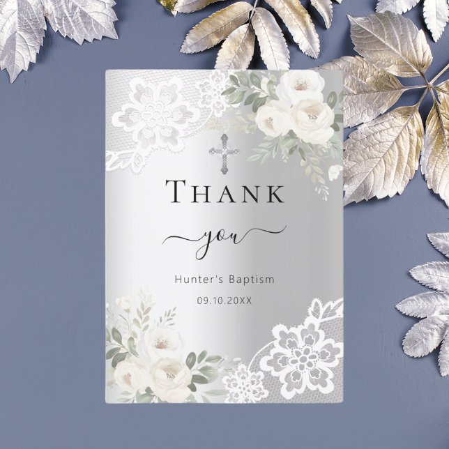 Invitación Baptismo plata blanco floral encaje gracias tarjet (Subido por el creador)