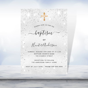 Invitación Baptismo plata brillante cruz de oro adulto