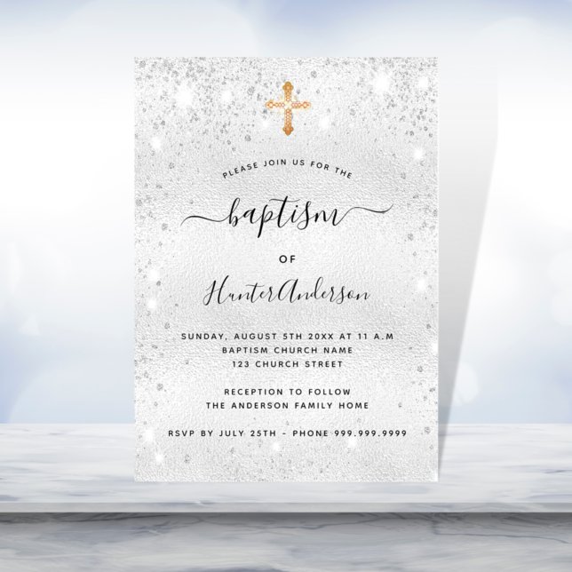 Invitación Baptismo plata brillante cruz de oro adulto (Subido por el creador)