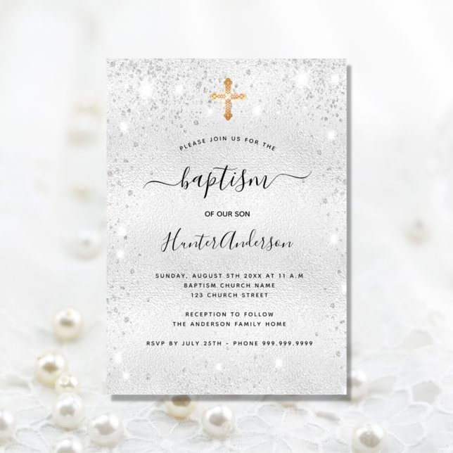 Invitación Baptismo plata polvo purpurina niño chica moderno (Subido por el creador)