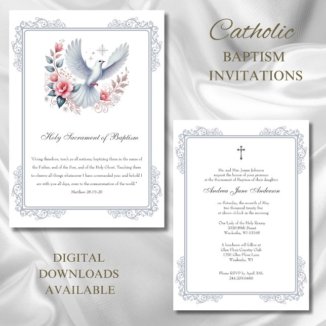 Invitación Baptismo plateado católico palpitaciones rosas (Subido por el creador)