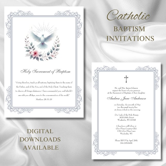 Invitación Baptismo plateado católico palpitaciones rosas (Subido por el creador)